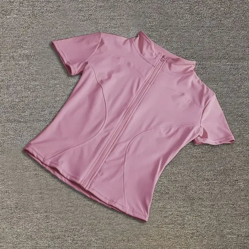 Summer High Quality Waist Slimming Training Tops Women's Quick-drying Tight Stand Collar Full Zipper Short Sleeves Yoga shirts Quick Pick Grocers