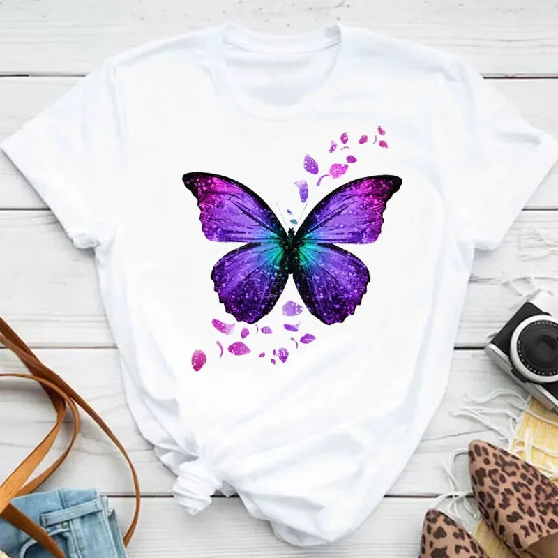 New Fashion Women T-shirt Colorful Butterfly Petal Print Short Sleeve and Round Neck Cute Graphic Tee Shirts Female Tops Clothin Quick Pick Grocers
