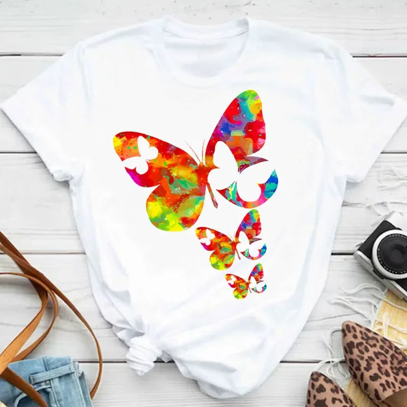 New Fashion Women T-shirt Colorful Butterfly Petal Print Short Sleeve and Round Neck Cute Graphic Tee Shirts Female Tops Clothin Quick Pick Grocers