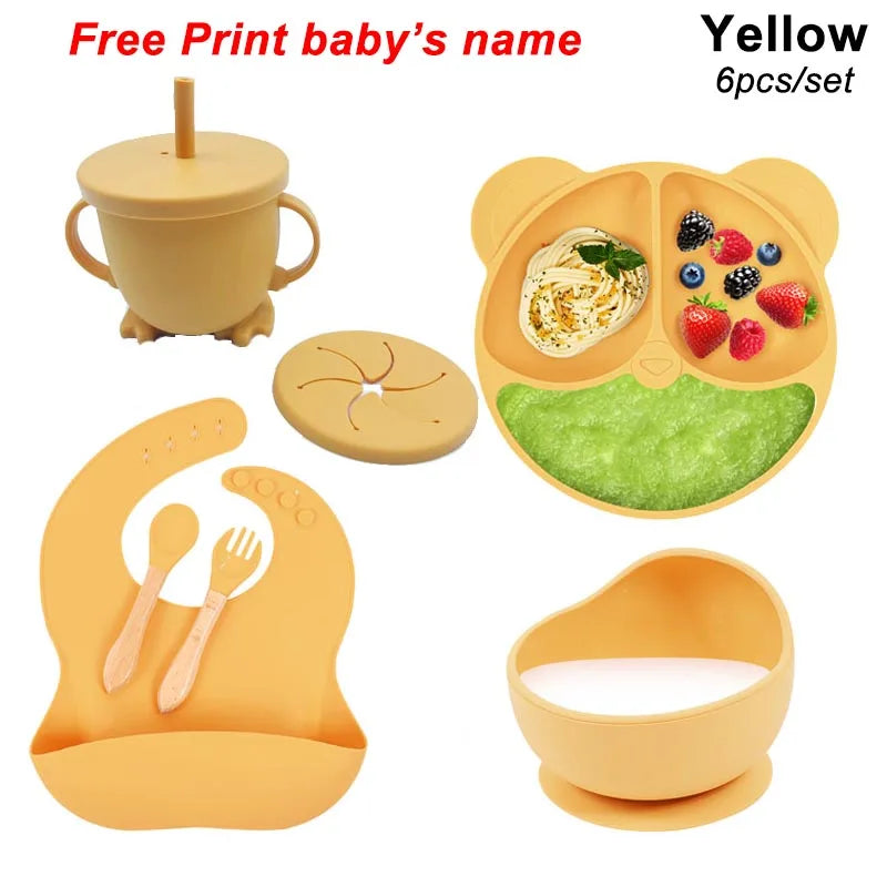 Baby Feeding Plate Sets Suction Bowl Silicone Plate For Kids 6Pcs Children Tableware Personalized Name Dinner Dishes Cups Spoon Purest Peak