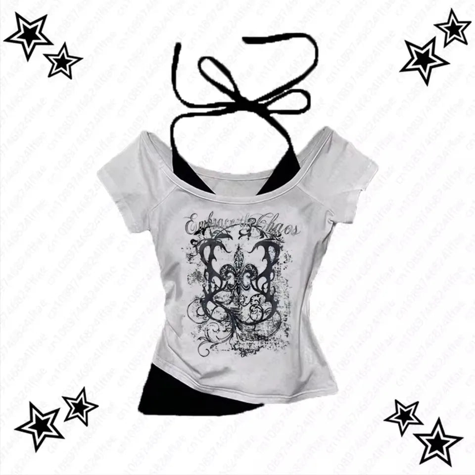Women's 90s Vintage Punk T-Shirt Summer Streetwear Sexy Short Sleeve Gothic Slim Crop Top Hotgirl Casual Femme Tee Harajuku Y2k Quick Pick Grocers