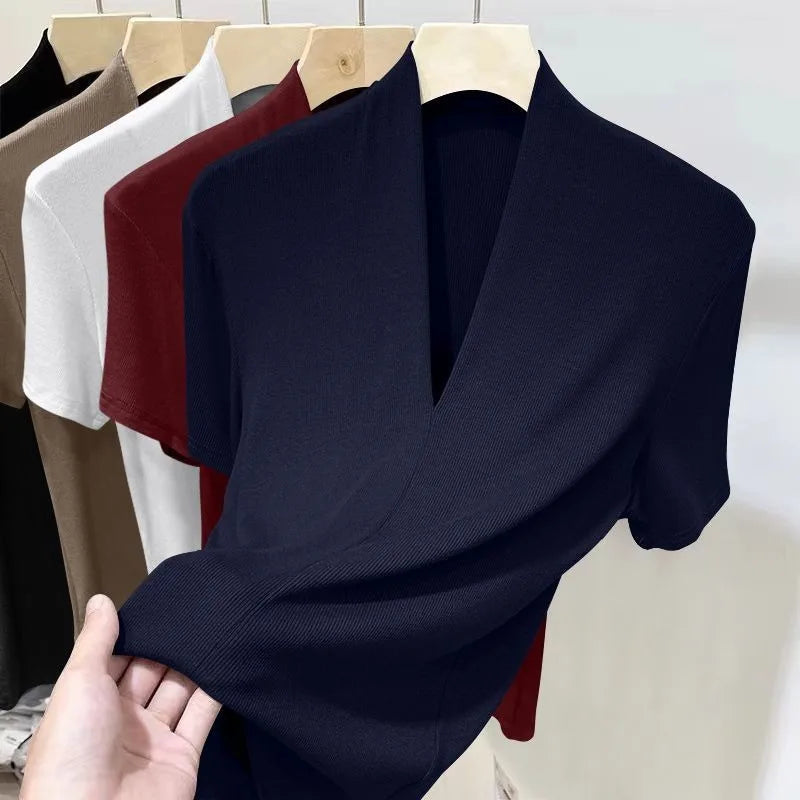 Threaded New Short Sleeved Top for Women Summer Fashion Versatile Base Shirt Plus Size Slim Fit V-neck T-shirt Casual and Sexy Quick Pick Grocers