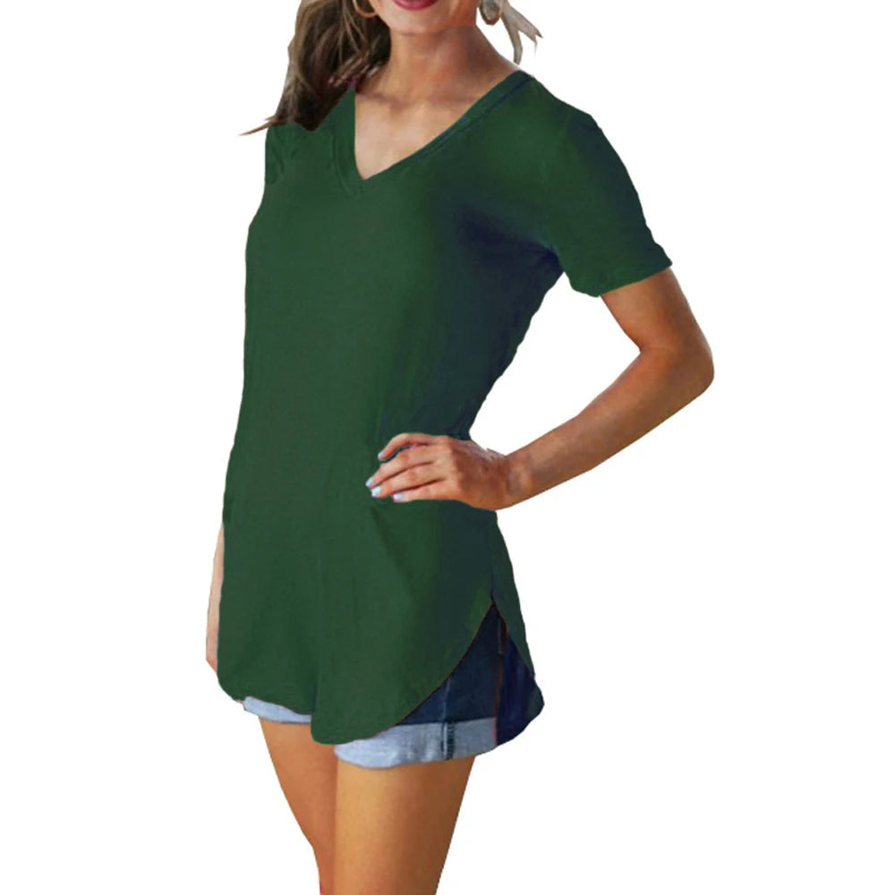 Summer solid color blouse V-neck short sleeve loose T-shirt hem arc women clothes Quick Pick Grocers