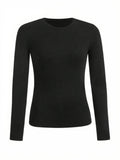 Women's solid-color long-sleeved T-shirt - Polyester knitted fabric, round neck, regular fit, fall-winter style Quick Pick Grocers