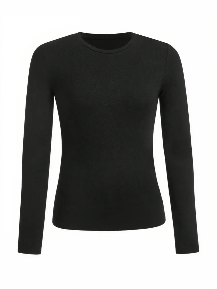 Women's solid-color long-sleeved T-shirt - Polyester knitted fabric, round neck, regular fit, fall-winter style Quick Pick Grocers