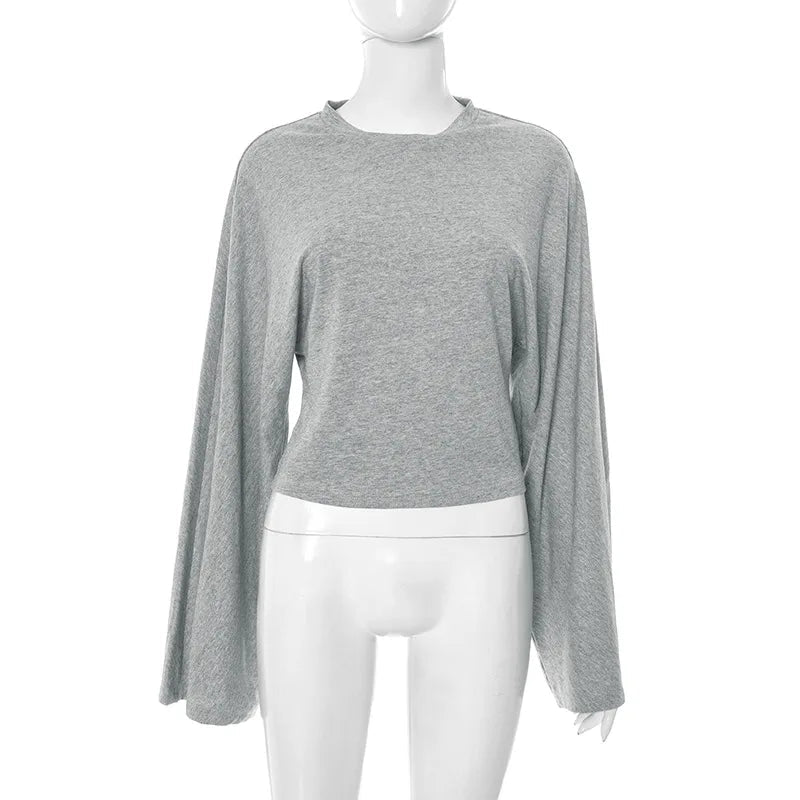 Women's Long Sleeve O-Neck Skinny T-Shirt Monochromatic Crop Top Casual Y2K Streetwear Fashion Pullover Summer Outfit Quick Pick Grocers
