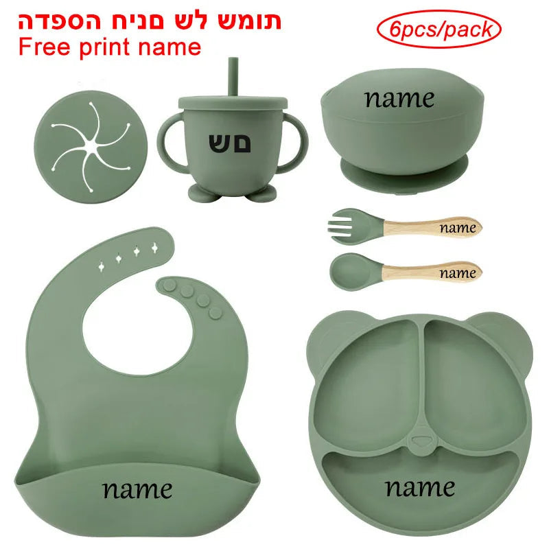 Baby Feeding Plate Sets Suction Bowl Silicone Plate For Kids 6Pcs Children Tableware Personalized Name Dinner Dishes Cups Spoon Purest Peak