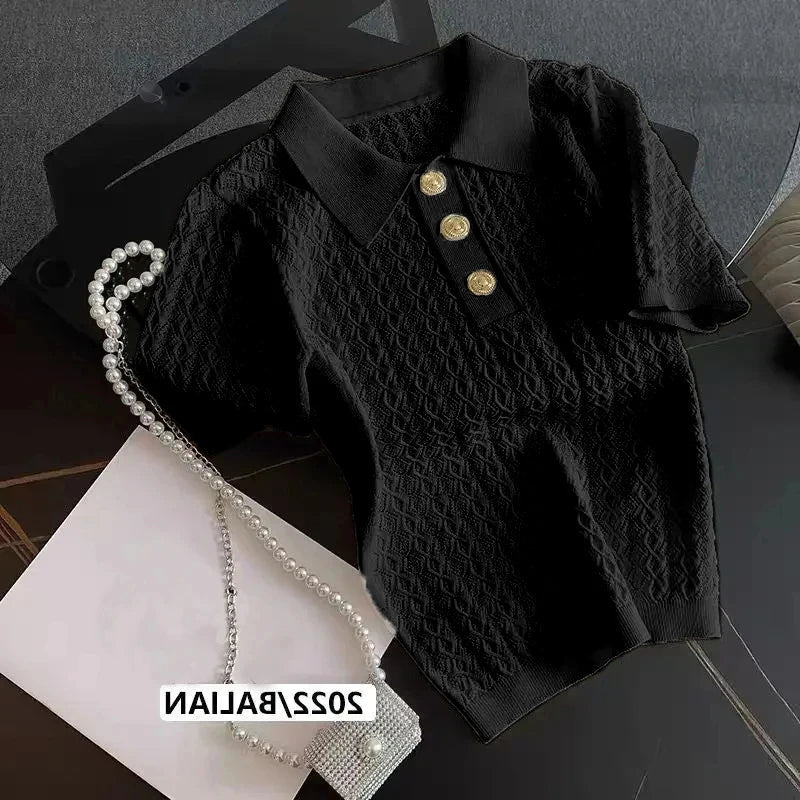 Ice Silk Polo Shirt Knitted Short Sleeve T-Shirt Summer Chic Thin Unique Jacquard Women Tops 2026 Korean Style Women’s Clothing Quick Pick Grocers