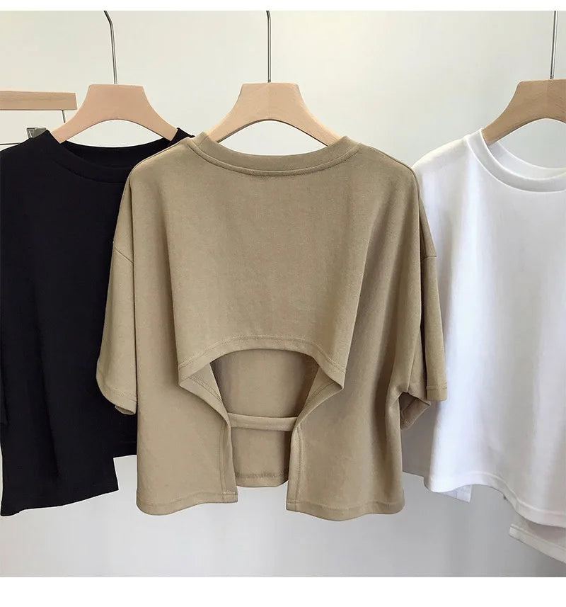 Summer New Ladies Casual Backless T-Shirt 2023 Korean Women Round Neck Loose Sweet Spicy Wind Short-Sleeved Crop Tops Quick Pick Grocers