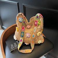 Women's Boho Crochet Bag Designer Flowers Knitted Handbags Large Capacity Summer Beach Woven Shoulder Bag Girls Tote Shopper Bag Quick Pick Grocers