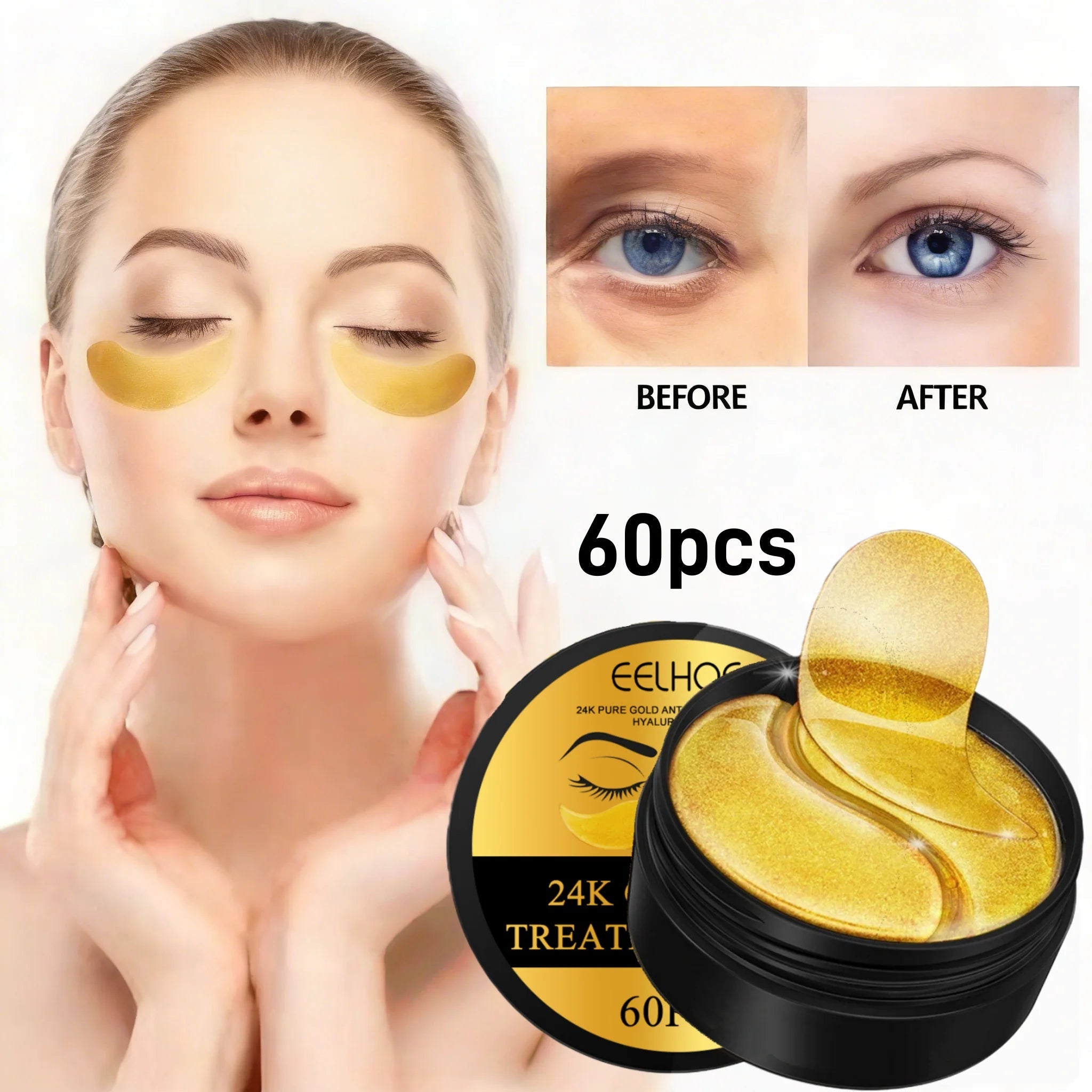 24k Gold Under Eye Patches Pure Gold Anti-Aging Under Eye Mask Removal Eyebags Moisturizing Firming Eye Patches Anti Dark 60pcs Quick Pick Grocers