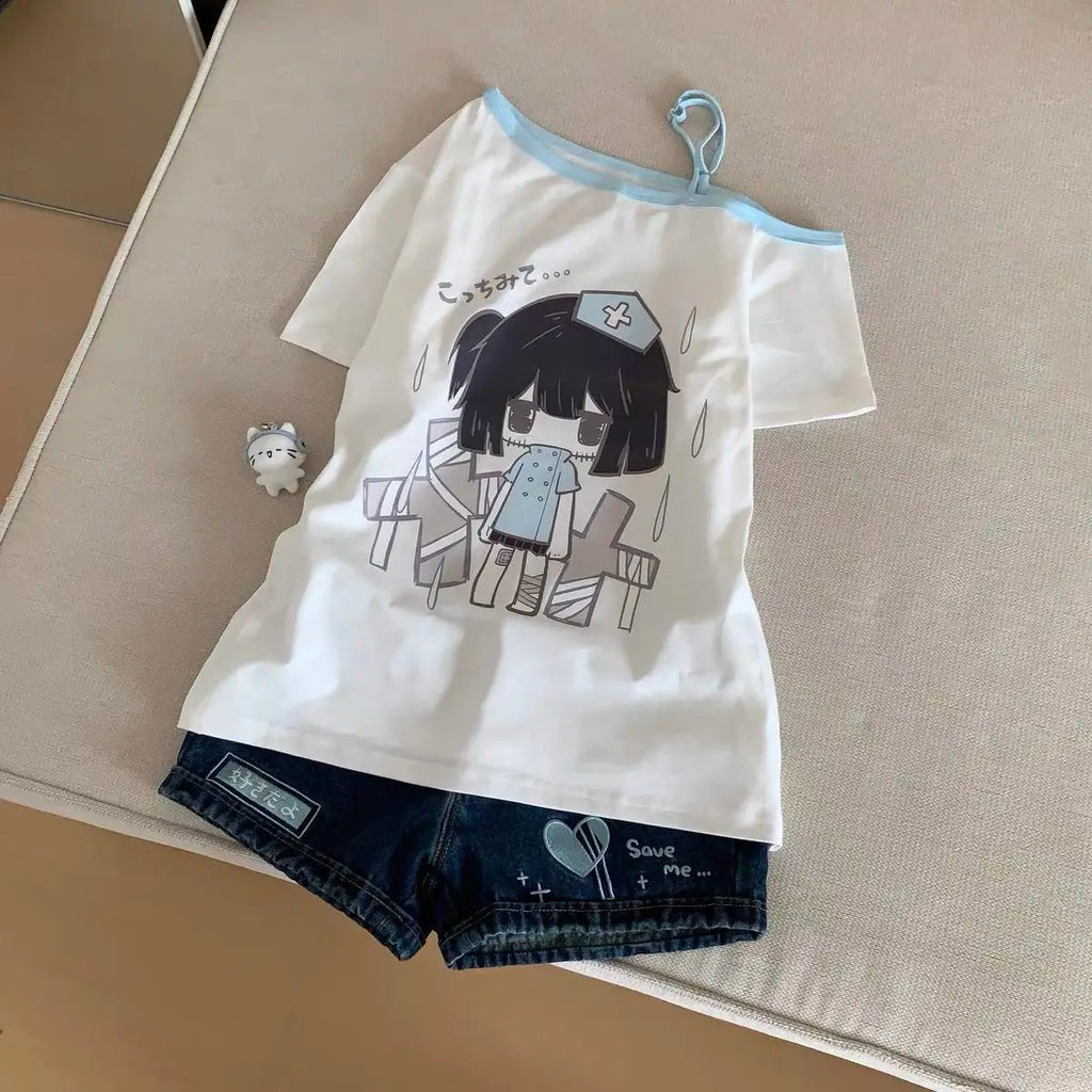 Japanese Y2K Print Skew Collar T-Shirts Summer Off Shoulder Short Sleeve Tee Shirt New Loose All-Match Top for Women Quick Pick Grocers