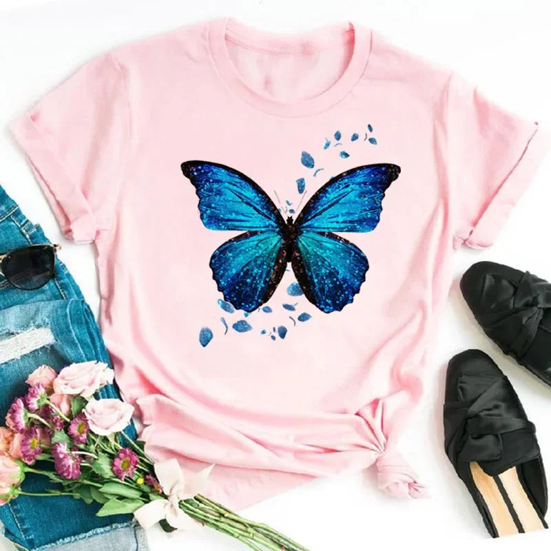 New Fashion Women T-shirt Colorful Butterfly Petal Print Short Sleeve and Round Neck Cute Graphic Tee Shirts Female Tops Clothin Quick Pick Grocers