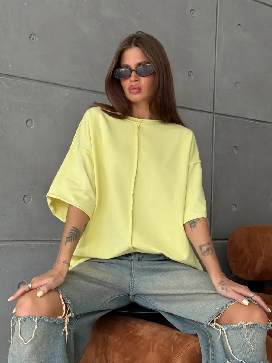 Hirsionsan Summer Casual Oversized T-shirts Women 100% Cotton Pink Loose Tees 2025 New Cusual Solid O Neck Female Aesthetic Tops Quick Pick Grocers