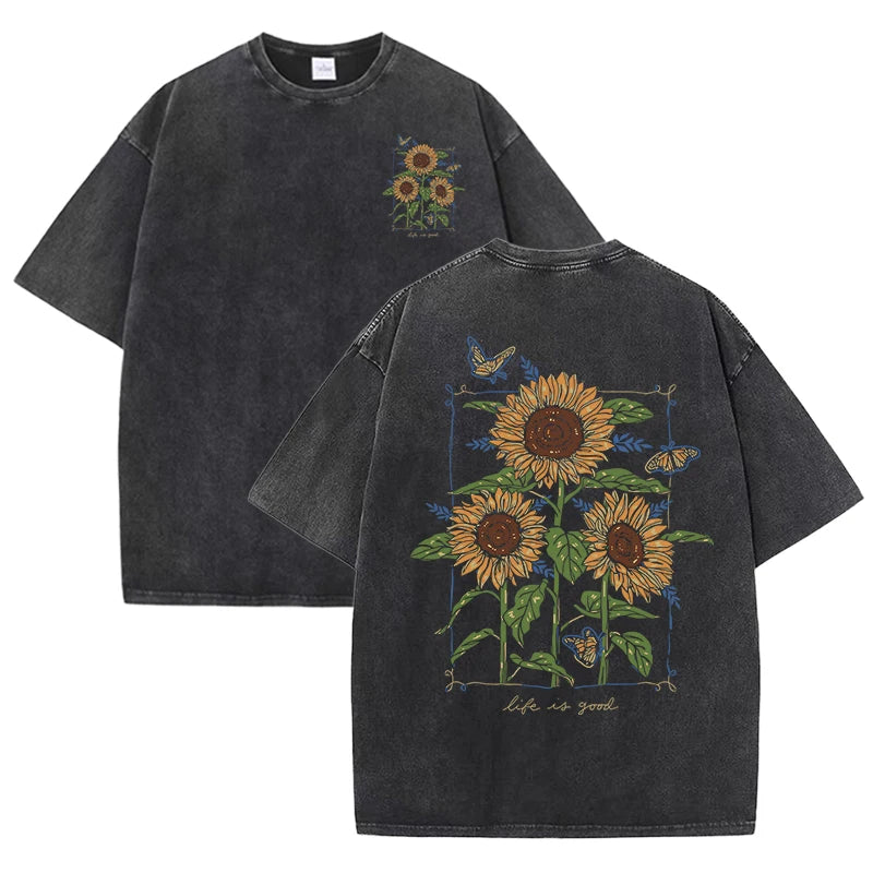 Lift Is Good Beautiful Sunflower Print Washed T Shirts Women Soft Cotton T-Shirt Street Creative Short Sleeve Summer Casual Tops Quick Pick Grocers