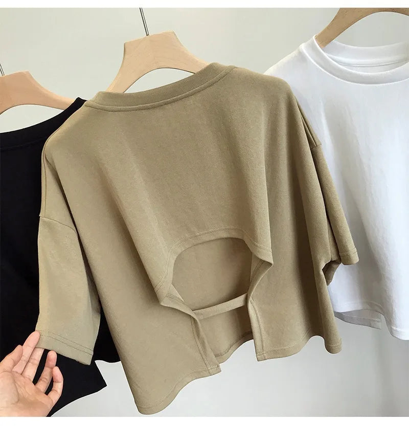 Summer New Ladies Casual Backless T-Shirt 2023 Korean Women Round Neck Loose Sweet Spicy Wind Short-Sleeved Crop Tops Quick Pick Grocers