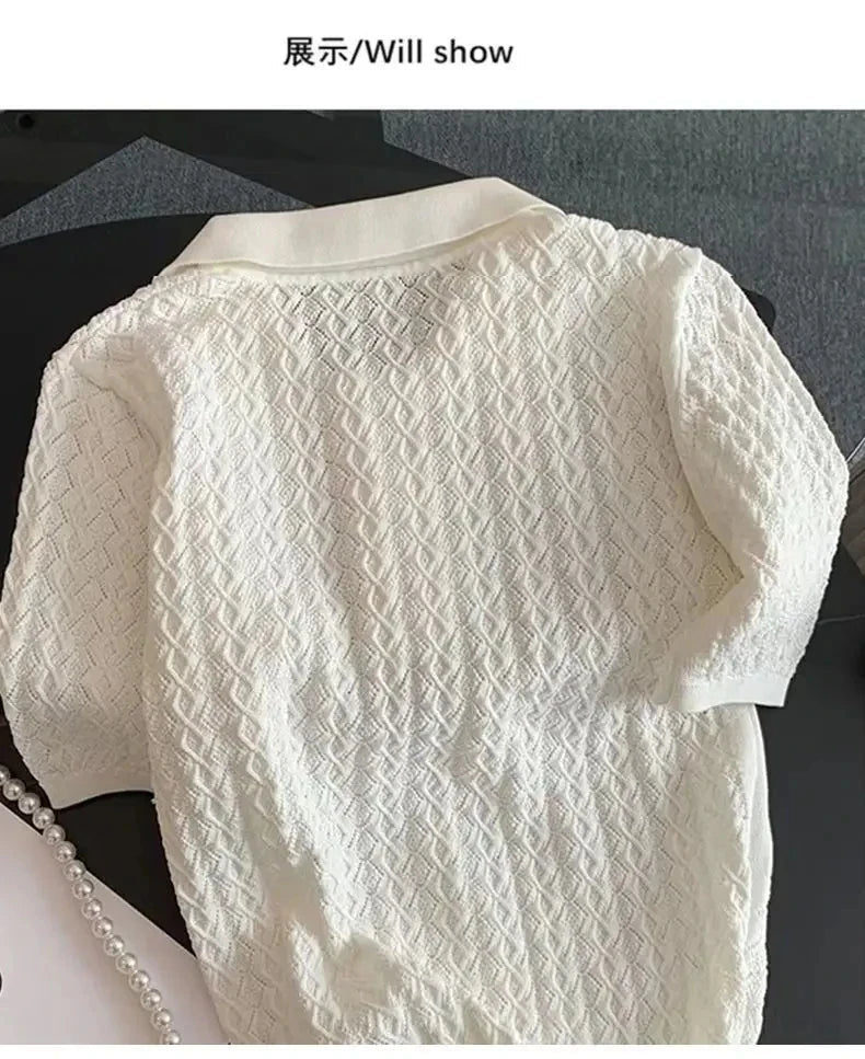 Ice Silk Polo Shirt Knitted Short Sleeve T-Shirt Summer Chic Thin Unique Jacquard Women Tops 2026 Korean Style Women’s Clothing Quick Pick Grocers