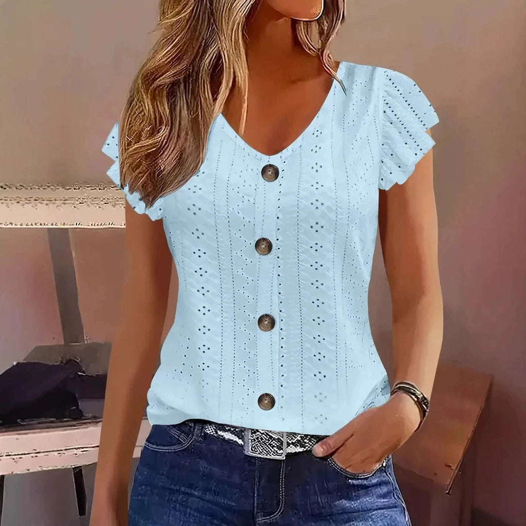 2025 Spring/Summer new women's fashion stylish commute casual solid color multi-color ruffle sleeve V-neck T-shirt Quick Pick Grocers
