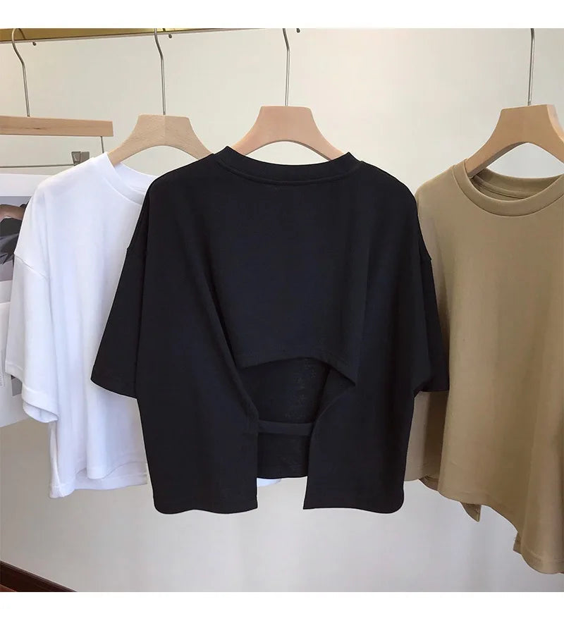 Summer New Ladies Casual Backless T-Shirt 2023 Korean Women Round Neck Loose Sweet Spicy Wind Short-Sleeved Crop Tops Quick Pick Grocers