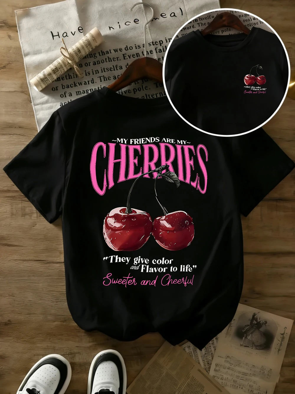 Summer Sweeter Cherries Prints T-Shirts Womens Cotton Oversized T Shirts Basic O-Neck Short Sleeve Tops Casual Woman Clothes Quick Pick Grocers