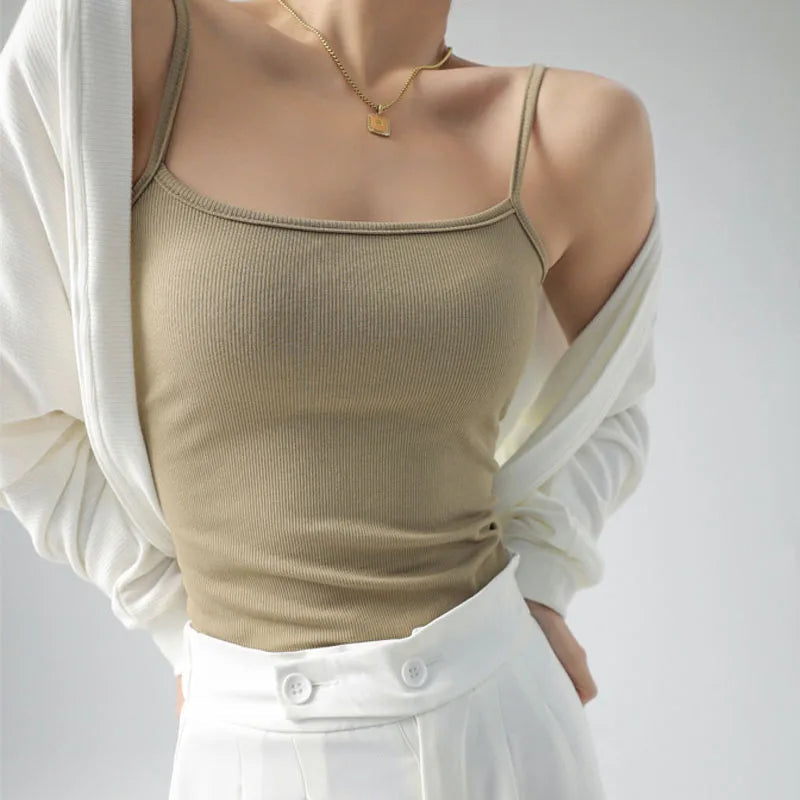 Women's Summer Basic Sleeveless Tank Top Spaghetti Strap Slim Fit Stretch Knitted Solid Color Camisole Quick Pick Grocers