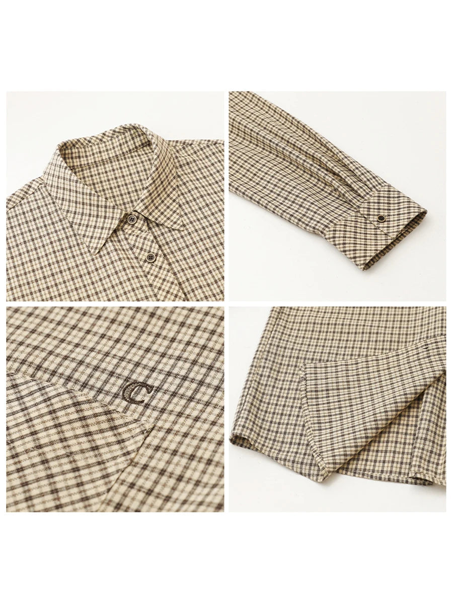 CHIC VEN Women Shirt Loose Casual Single-breasted New Retro Contrast Plaid Embroidered Blouses Female Top Autumn Winter 2025 Quick Pick Grocers