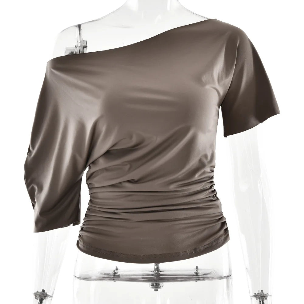 Off Shoulder Ruched Crop Top Women Basics Solid Color Skew Collar Short Sleeve T-shirts Summer Casual Streetwear Tees Quick Pick Grocers