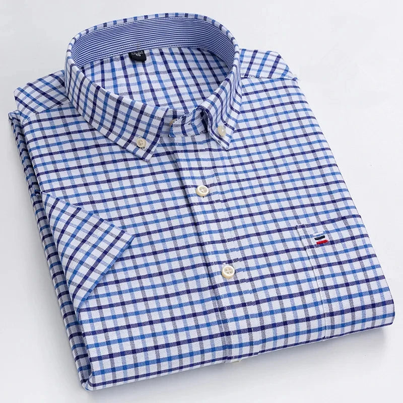 Men's high-quality Oxford cotton short sleeved shirt for summer comfort breathable classic solid color plaid business leisure Quick Pick Grocers