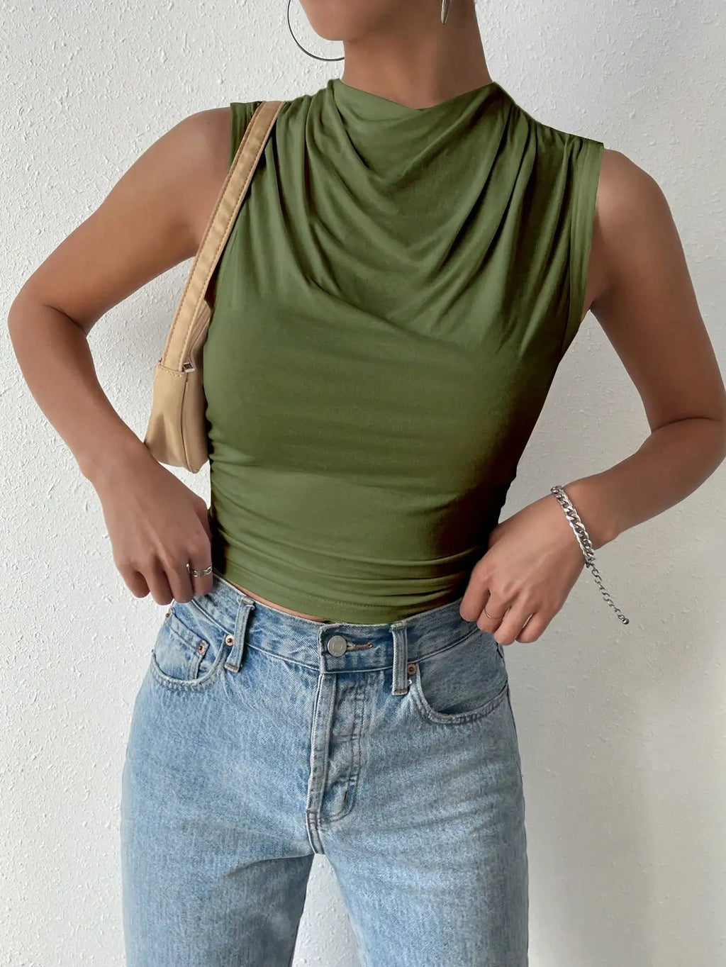 Women's Casual Pleated Design Top Summer Fashion Street Style Solid Color Slim Half High Neck Sleeveless T-Shirt Top Quick Pick Grocers