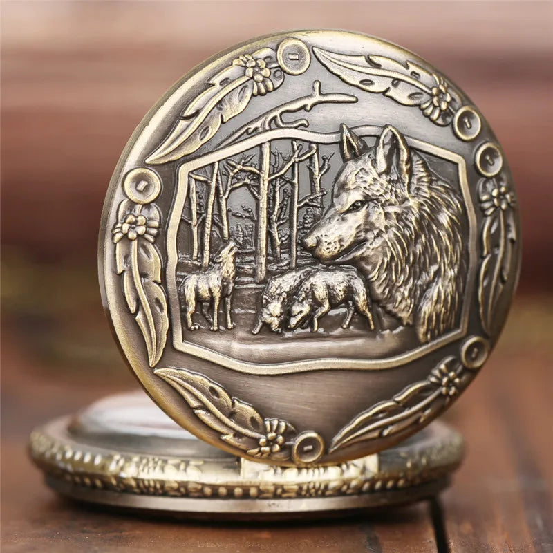 Vintage Bronze Wolf Animal Head Relief Quartz Pocket Watch with Necklace Chain Pendant Great Gift for Men's Kids Clock Watch Quick Pick Grocers
