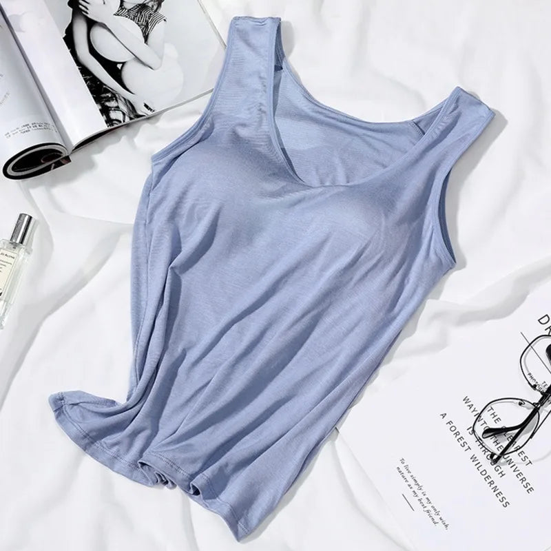 Women's Vest Tops With Built In Padded Bra Vest Slim Fit Tank Tops Sexy Shirts Feminino Casual Underlay Slimming Lingerie Top Quick Pick Grocers