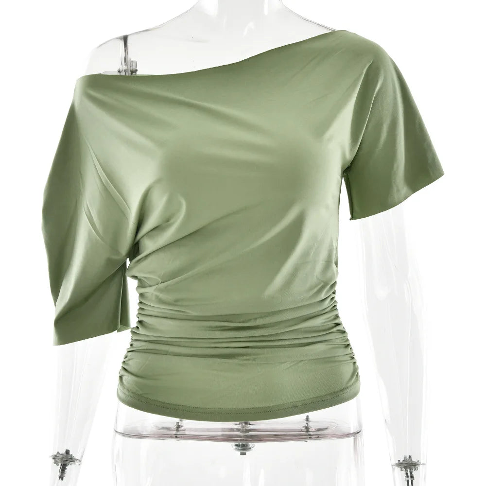 Off Shoulder Ruched Crop Top Women Basics Solid Color Skew Collar Short Sleeve T-shirts Summer Casual Streetwear Tees Quick Pick Grocers