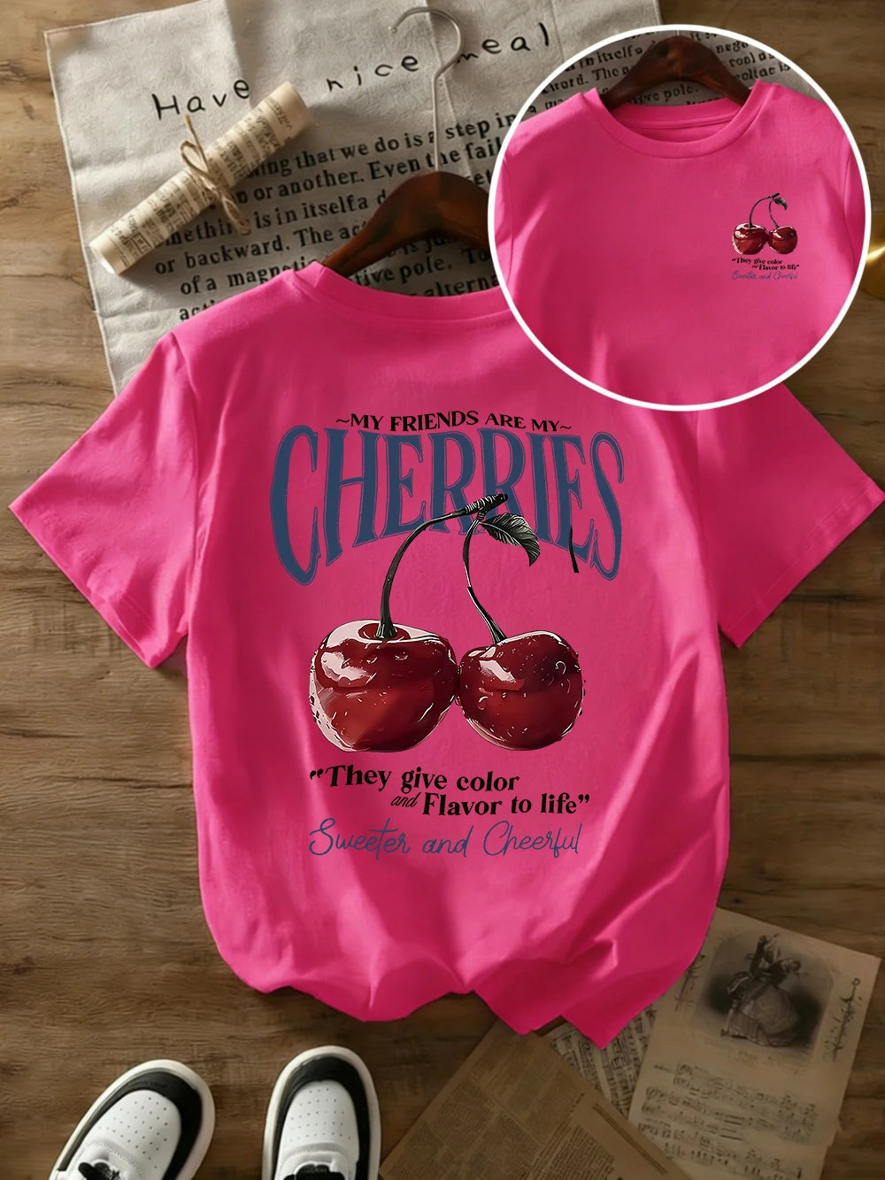 Summer Sweeter Cherries Prints T-Shirts Womens Cotton Oversized T Shirts Basic O-Neck Short Sleeve Tops Casual Woman Clothes Quick Pick Grocers