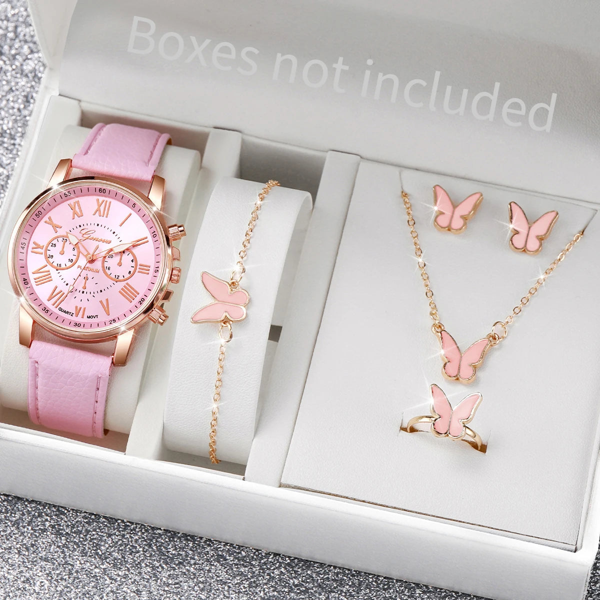 5/6PCS Fashion Women's Quartz Watch Leather Band Analog Wrist Watches Heart Rhinestone Jewelry Set(Without Box) Quick Pick Grocers