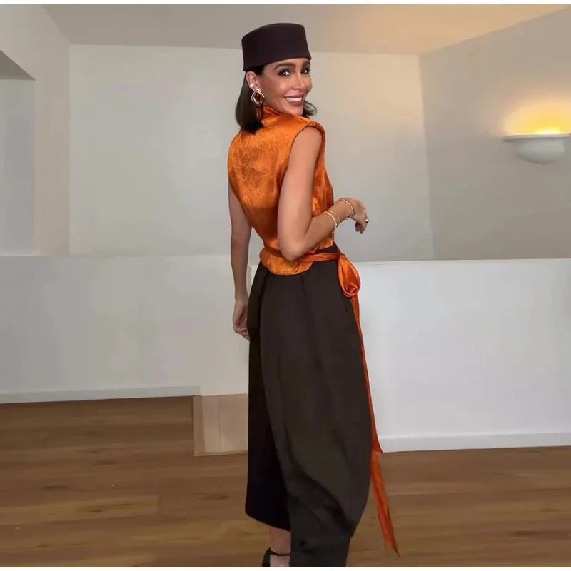 Women's Top 2026 Spring New Style Orange Sleeveless Satin Texture Long Ribbon Top Elegant and Stylish Unique Fashion Focus Quick Pick Grocers
