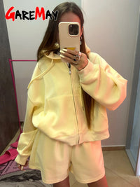 Women's Summer Tracksuit with Shorts Zipper Cotton Oversize Top and Shorts Two Piece Set Casual Sports Yellow Suit for Women Quick Pick Grocers