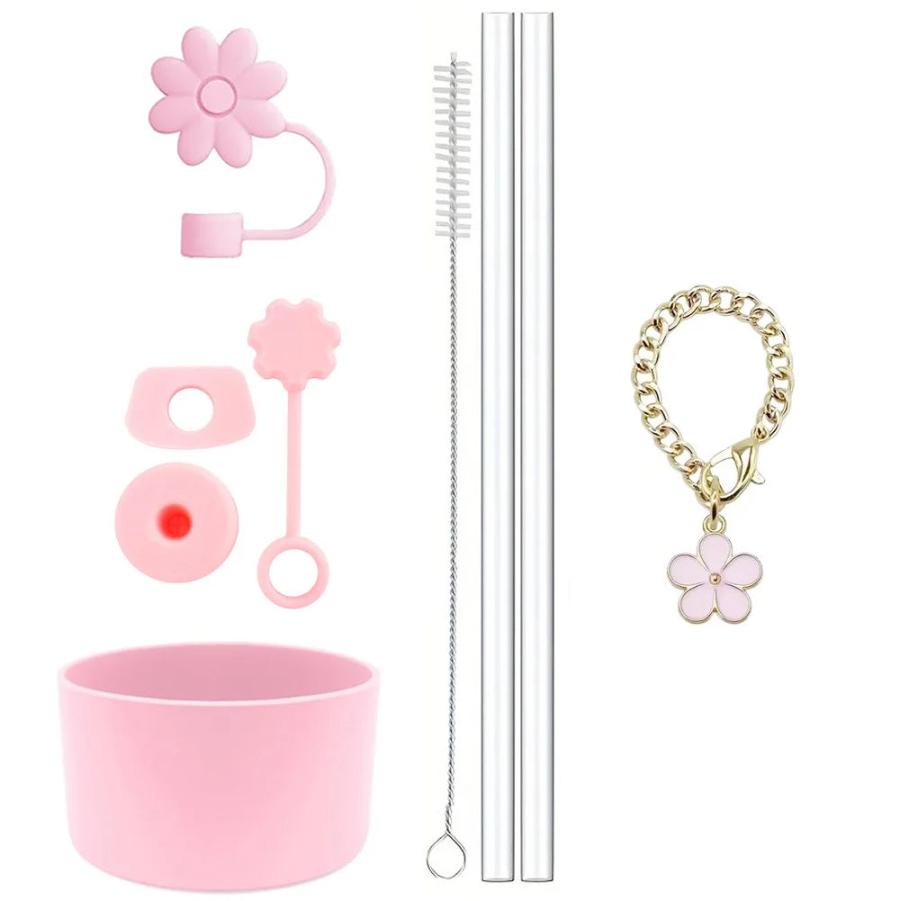 Cup Accessories for Stanley Cup Set of 9 Straw and Brush and 1 Flower Charm Chain 3 Spill Proof Stopper Flowers Straw Cover Boot Quick Pick Grocers