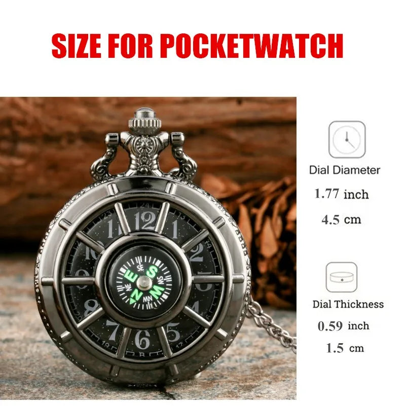 Vintage Black Compass Design Quartz Pocket Watch, With Necklace Pendant, World-Time Feature, Pointer Display Pocket Watch Quick Pick Grocers
