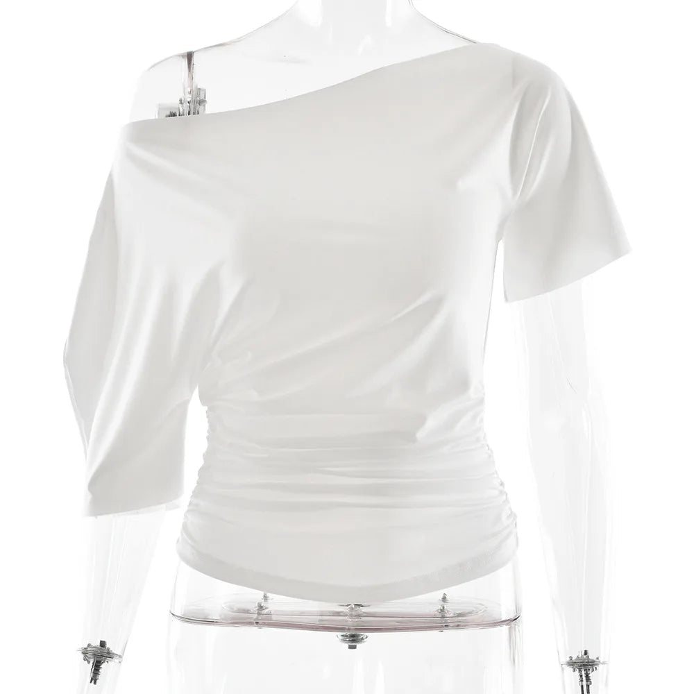 Off Shoulder Ruched Crop Top Women Basics Solid Color Skew Collar Short Sleeve T-shirts Summer Casual Streetwear Tees Quick Pick Grocers