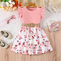 Girl's casual romantic floral print with ruffled edges and small flying sleeves, waist cinching dress (including belt), summer Quick Pick Grocers