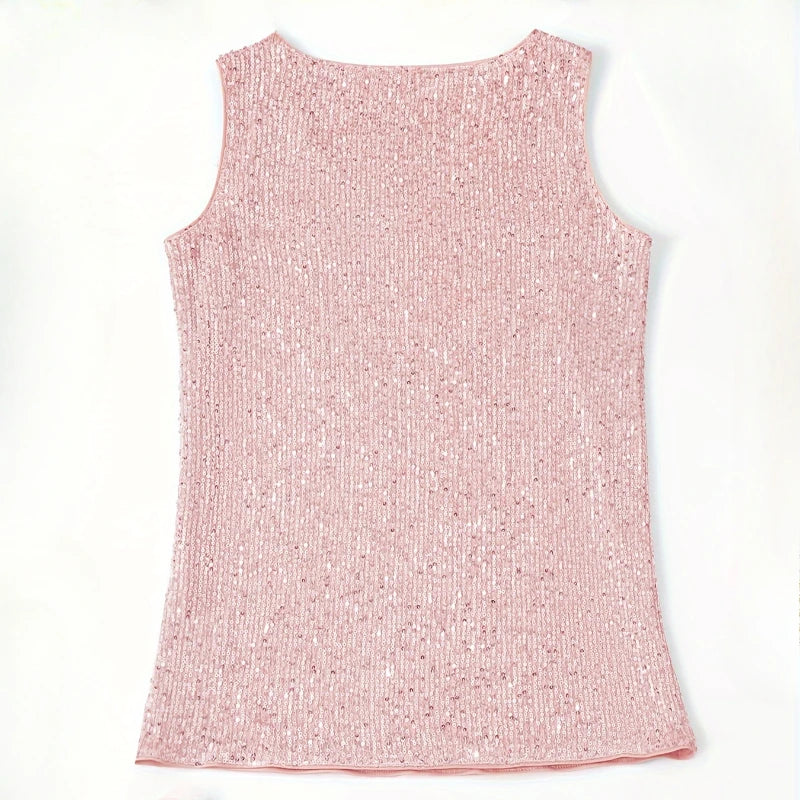 Women‘s Summer Fashion Deep V Neck Sequined Tank Top Stylish Sleeveless Polyester Top Sparkly Club Party Vest Blouses Quick Pick Grocers