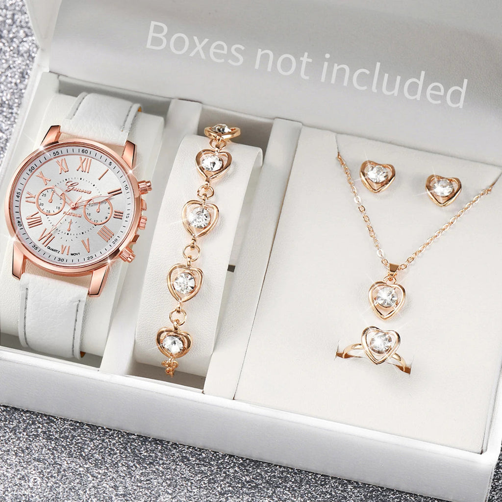 5/6PCS Fashion Women's Quartz Watch Leather Band Analog Wrist Watches Heart Rhinestone Jewelry Set(Without Box) Quick Pick Grocers