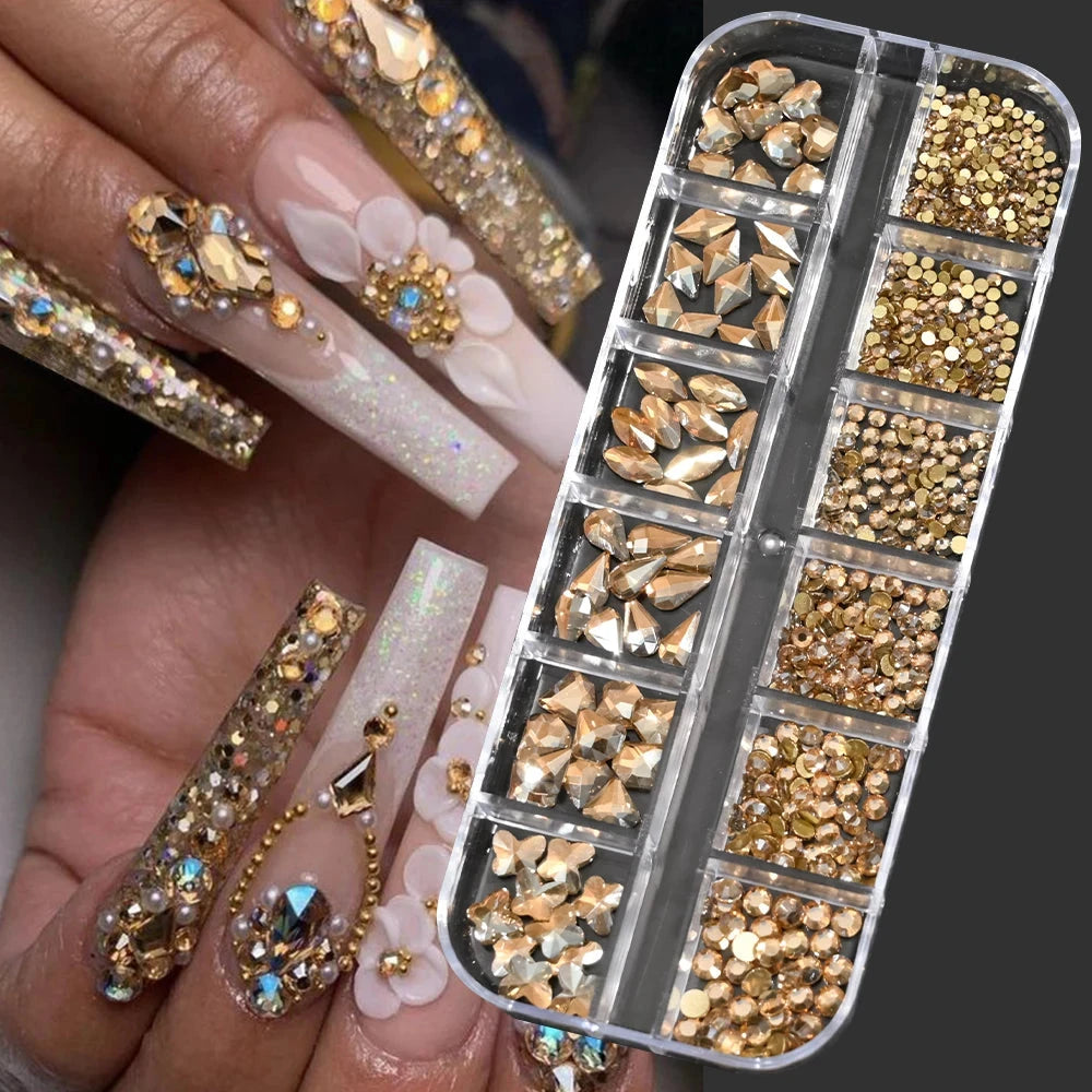12Grids SS6-SS30 Mixed Nail Rhinestones Shiny Clear/Gold/Pink/Blue Diamond Flat-back Nail Gems Glass Stones Nails Decoration Econic Blanks