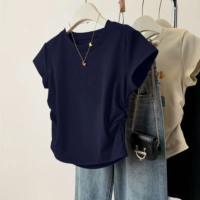 Women Summer Short Sleeved Top for Fashion Versatile Base Shirt Slim Fit Round Neck T-shirt Casual and Sexy Breathable and Cool Quick Pick Grocers