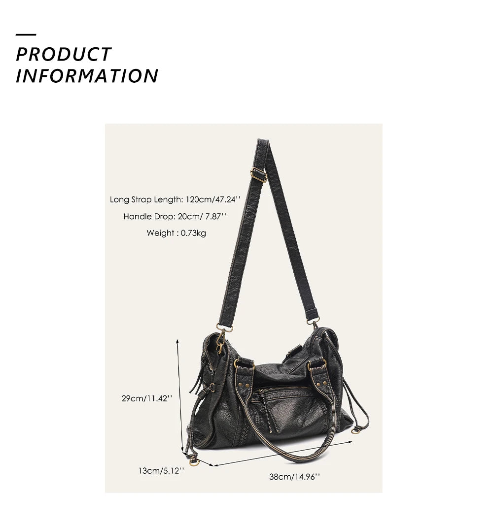 Vintage Washed PU Leather Large Capacity Tote Zip Pockets Braid Decor Shoulder Cross body Bag Unisex Women Daily Travel Handbag Quick Pick Grocers