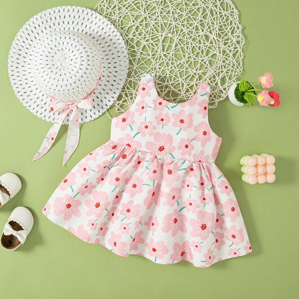 (0-2 Year Old Baby Girl Floral Dress) Summer New Sweet Bow Children'S Sleeveless Clothes With Free Hat For Beach Party Quick Pick Grocers