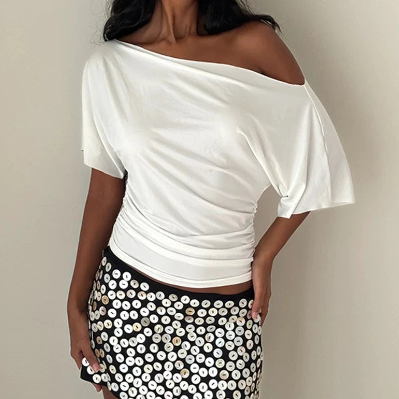 Off Shoulder Ruched Crop Top Women Basics Solid Color Skew Collar Short Sleeve T-shirts Summer Casual Streetwear Tees Quick Pick Grocers