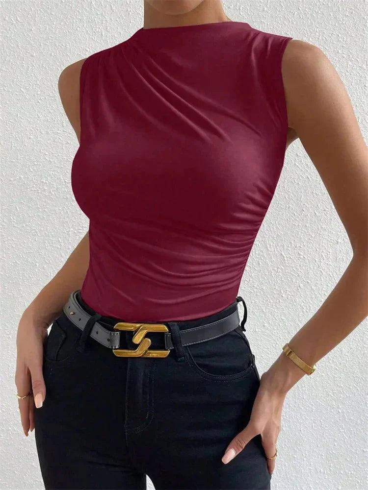 Women's Casual Mock Neck Ruched Tank Top Summer 2024 Solid Color Slim Fit Pleated Sleeveless T Shirt Tee Tshirt Streetwear Quick Pick Grocers