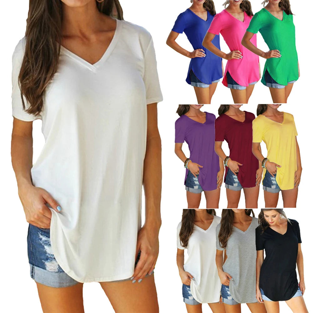 Summer solid color blouse V-neck short sleeve loose T-shirt hem arc women clothes Quick Pick Grocers
