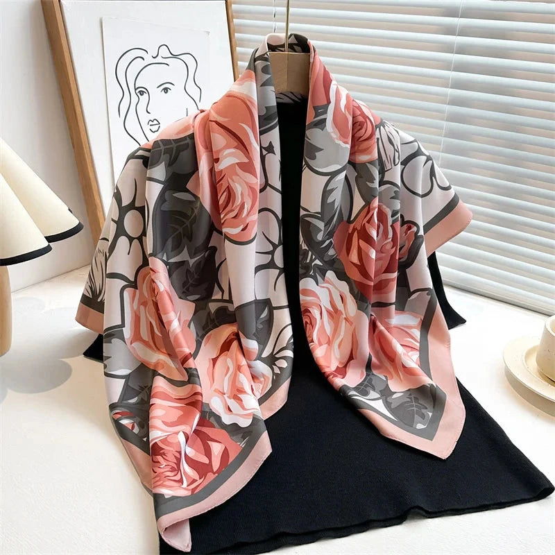 90*90Cm Square Scarf Twill Silk Feeling Women Head Shawls and Wraps Luxury Hair Tree Print Neck Scarves Hijab Bandana Pashmina Econic Blanks